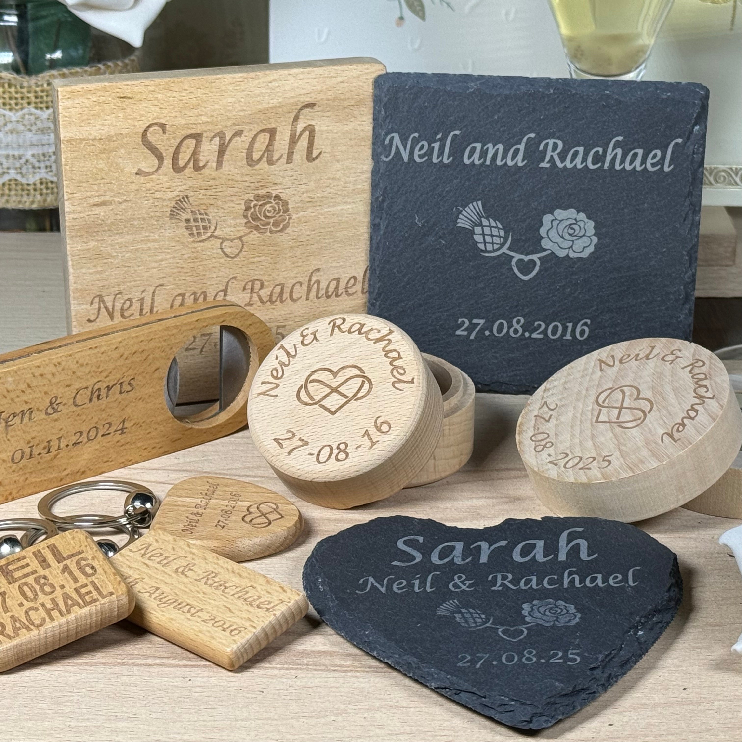 Wedding favour collection - coasters, keyrings, bottle openers, fridge magnets and ring boxes