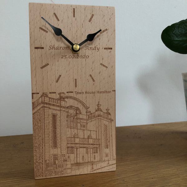 Handmade personalised beech clock - laser engraved with bespoke design and names dates of wedding