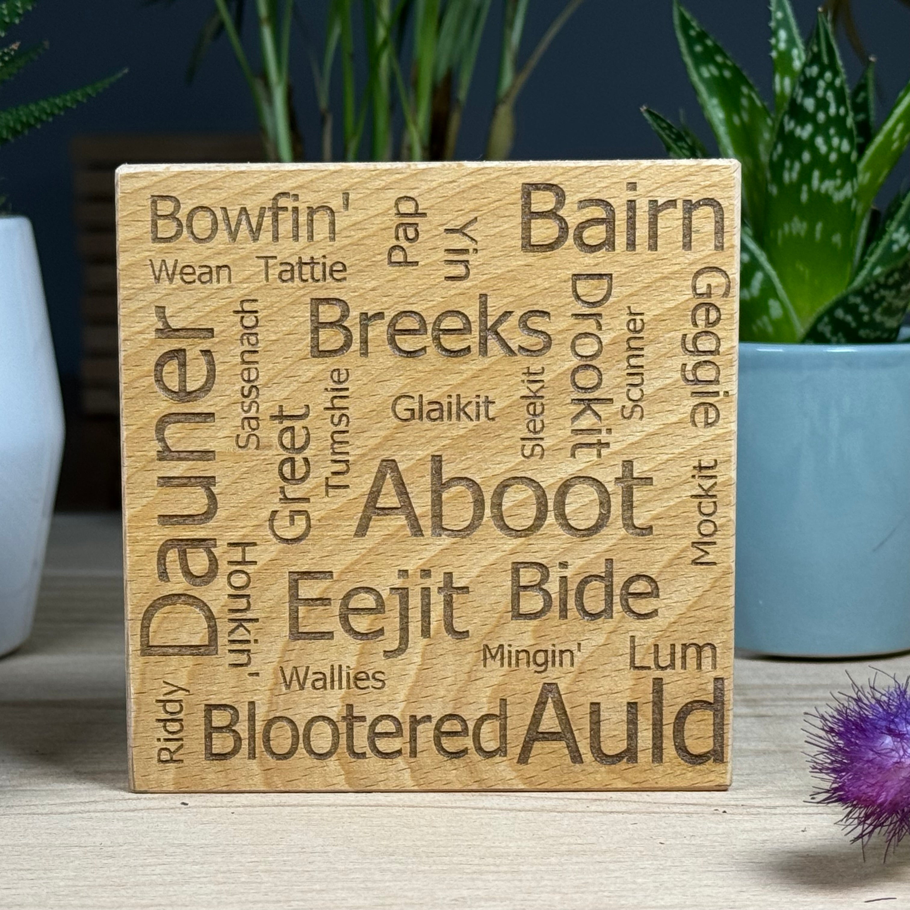 Wooden coaster gift - Scottish dialect word map