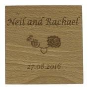 Personalised wooden wedding coaster - names, date, thistle/rose decal