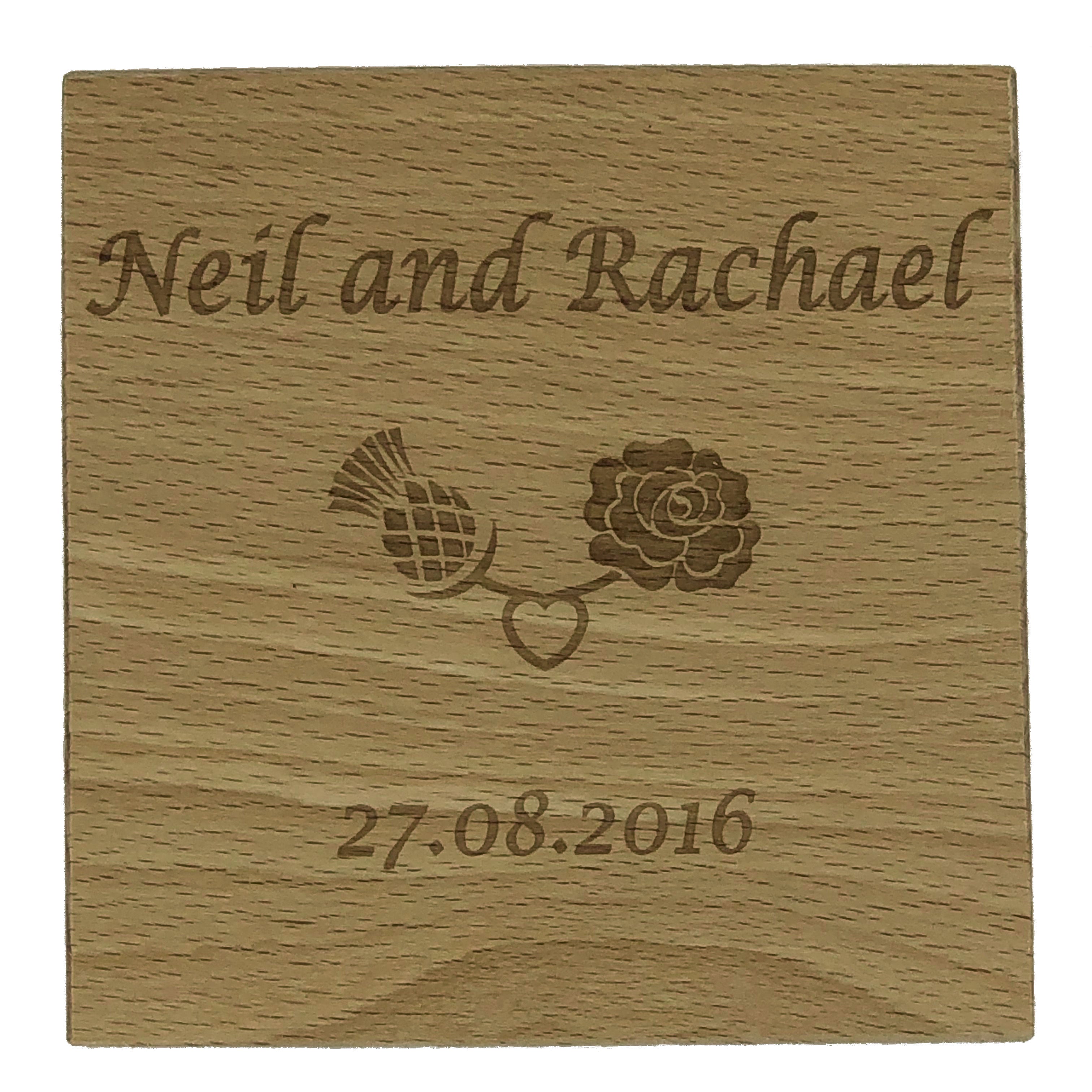 Personalised wooden wedding coaster - names, date, thistle/rose decal