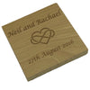 Personalised wooden wedding coaster - names, date, heart/infinity decal