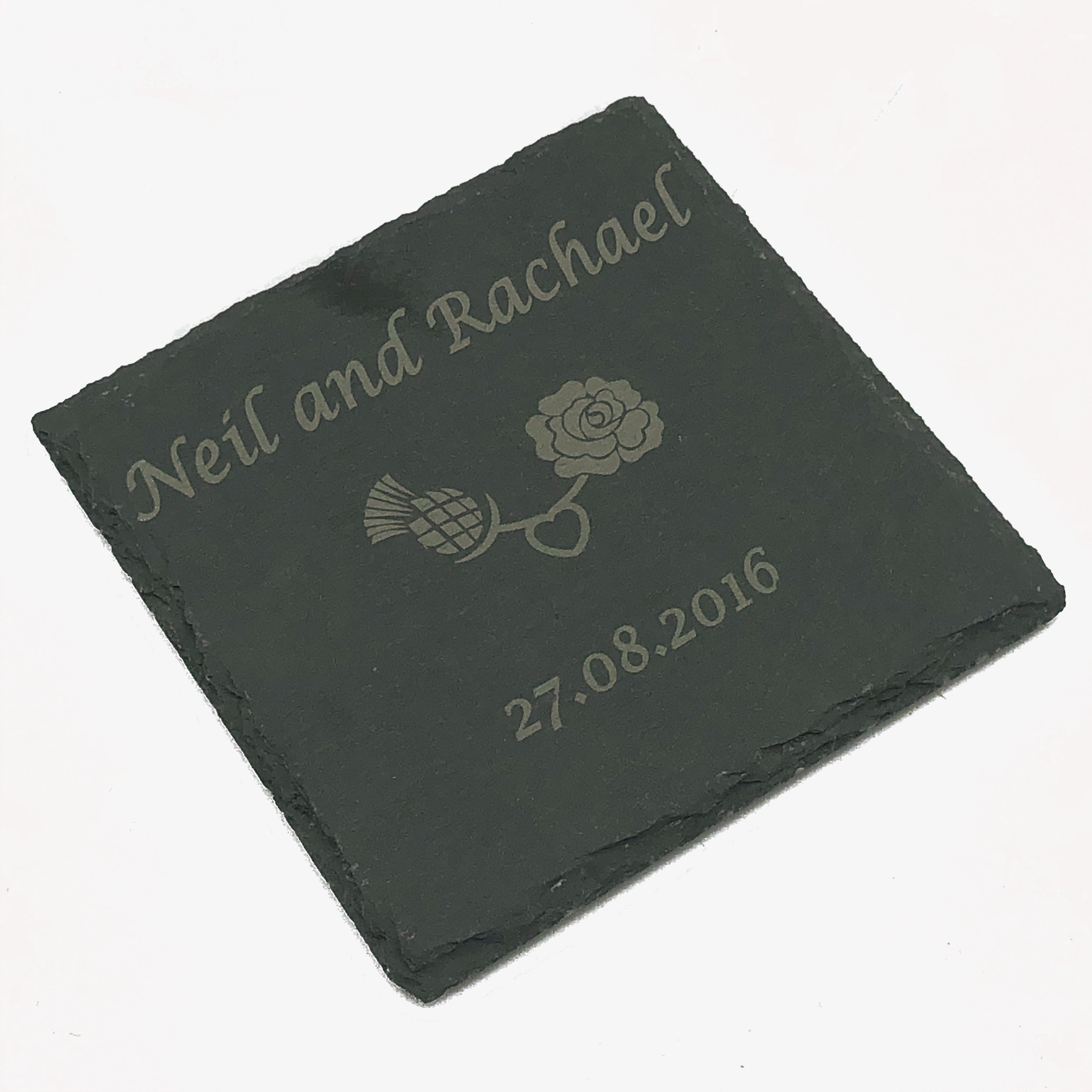 Personalised slate square wedding coaster - names, date, thistle-rose motif