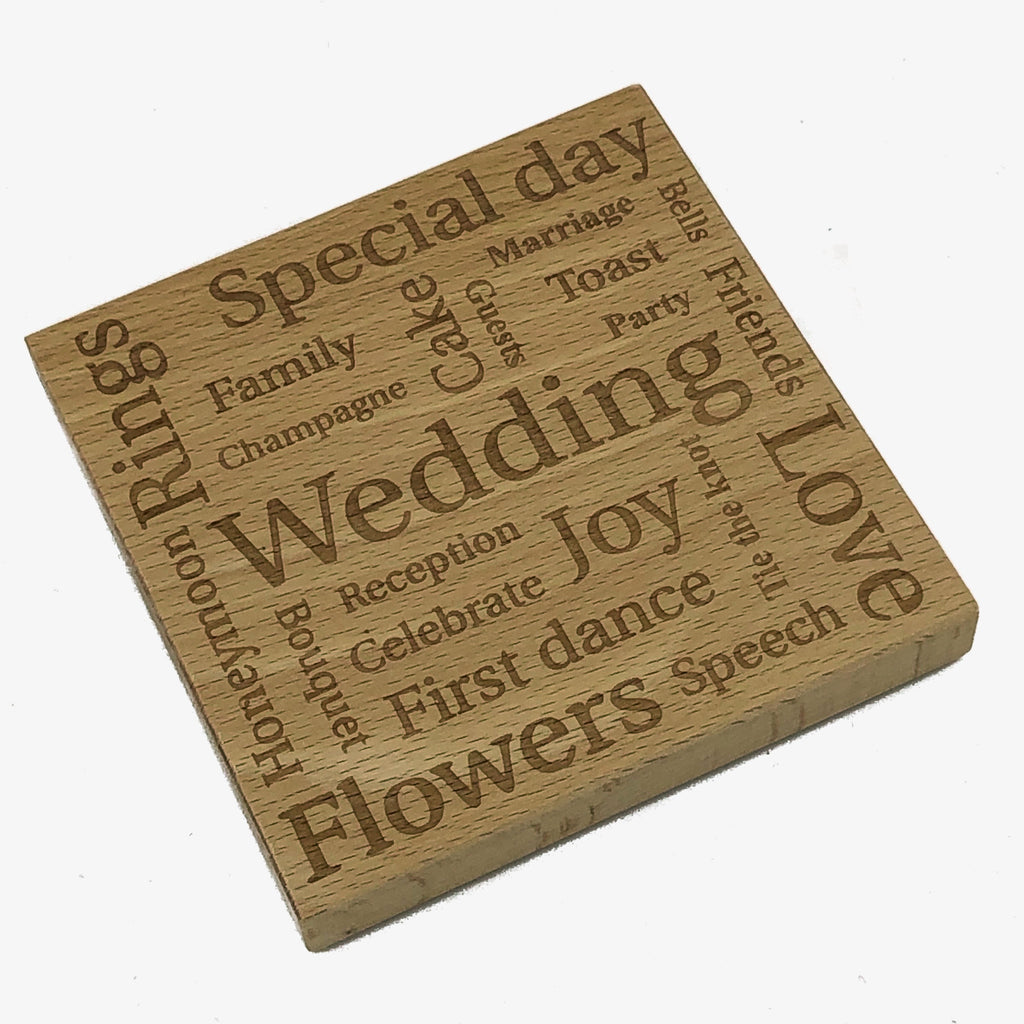 Wooden wedding coaster - laser engraved with wedding-related words
