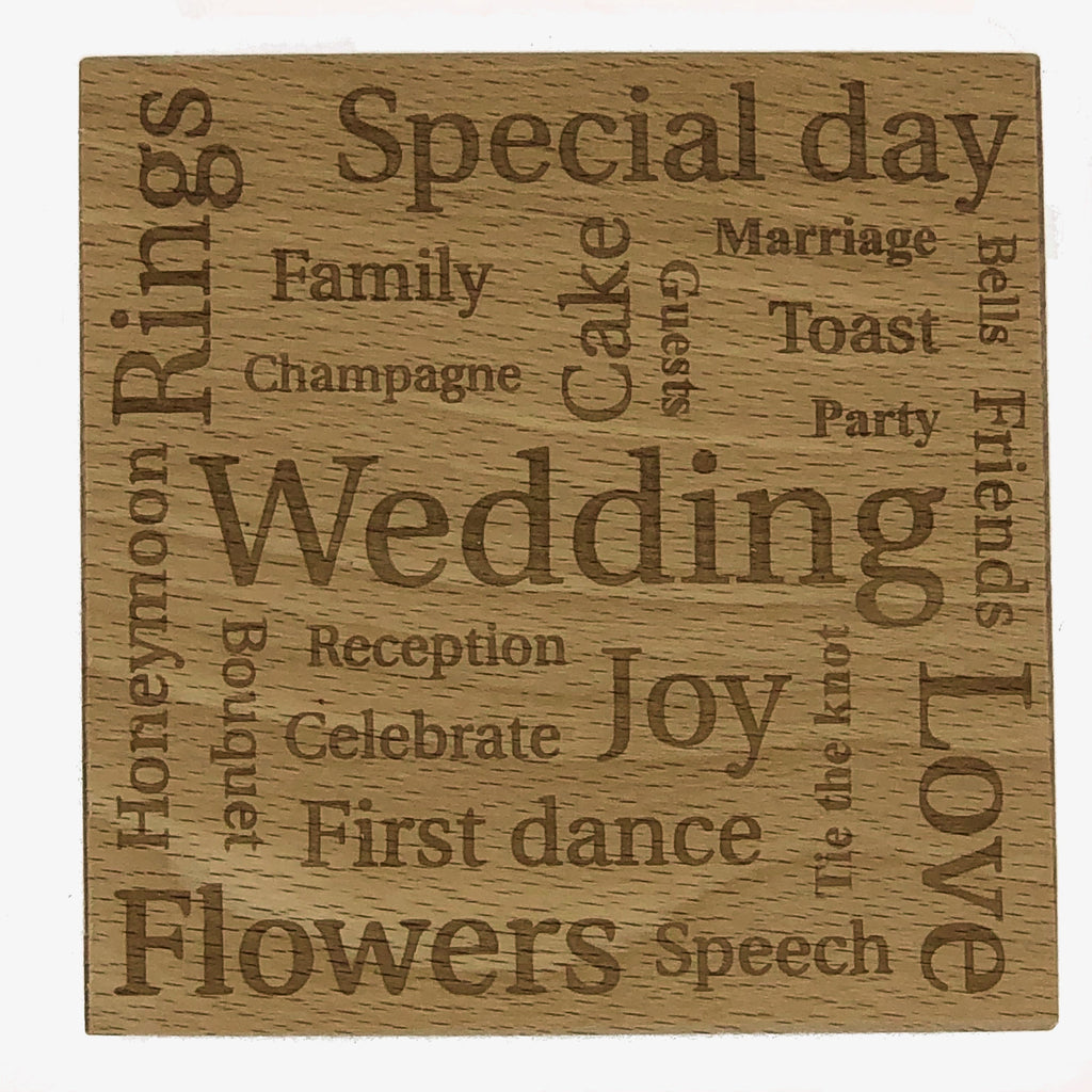 Wooden wedding coaster - laser engraved with wedding-related words