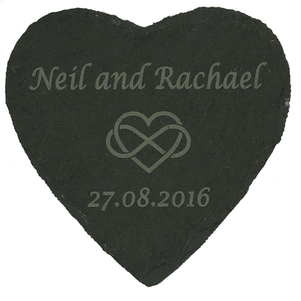 Personalised slate Heart-shaped wedding coaster - names, date, heart/infinity decal