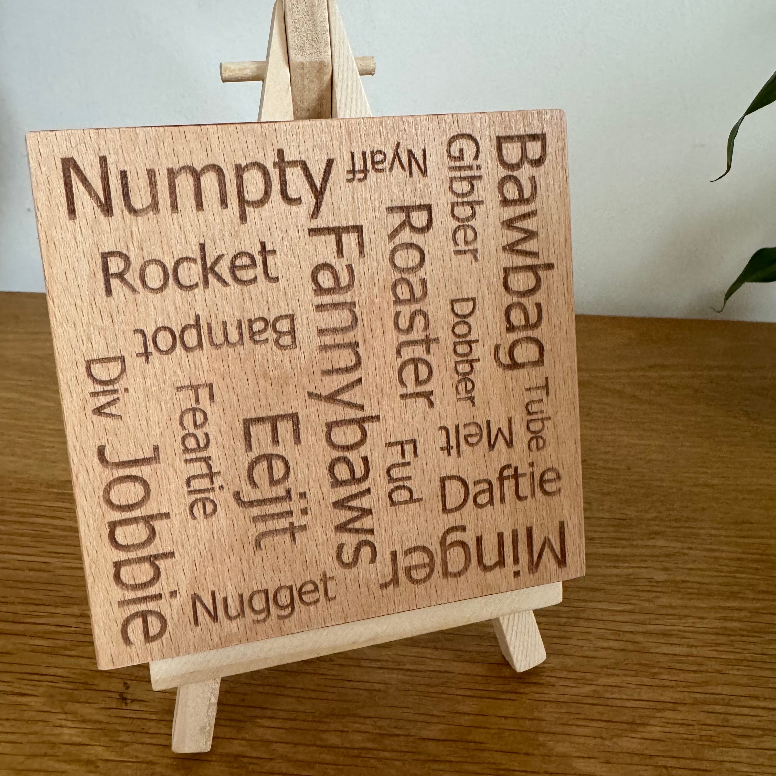 Wooden coaster gift - Scottish insults - displayed on an easel
