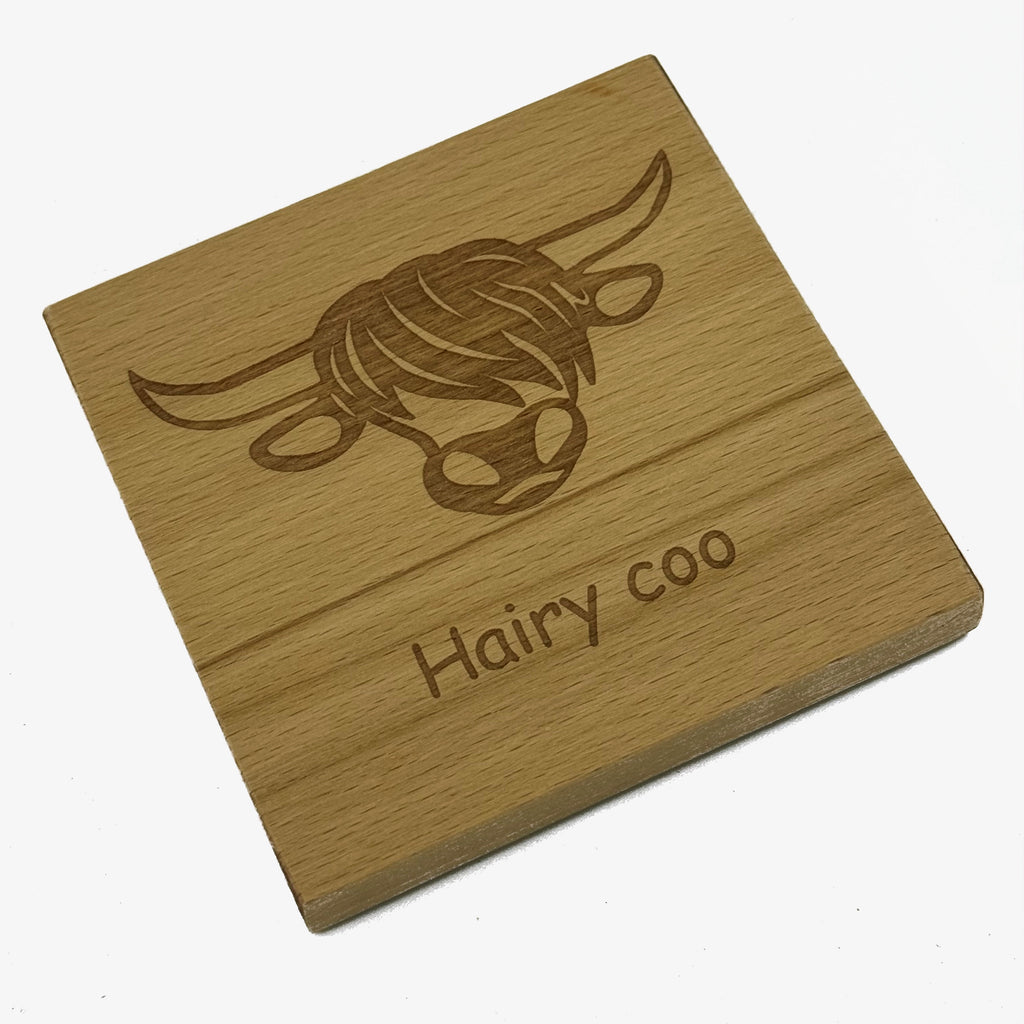 Wooden coaster gift - Scottish highland cow - hairy coo - made from sustainably sourced beech