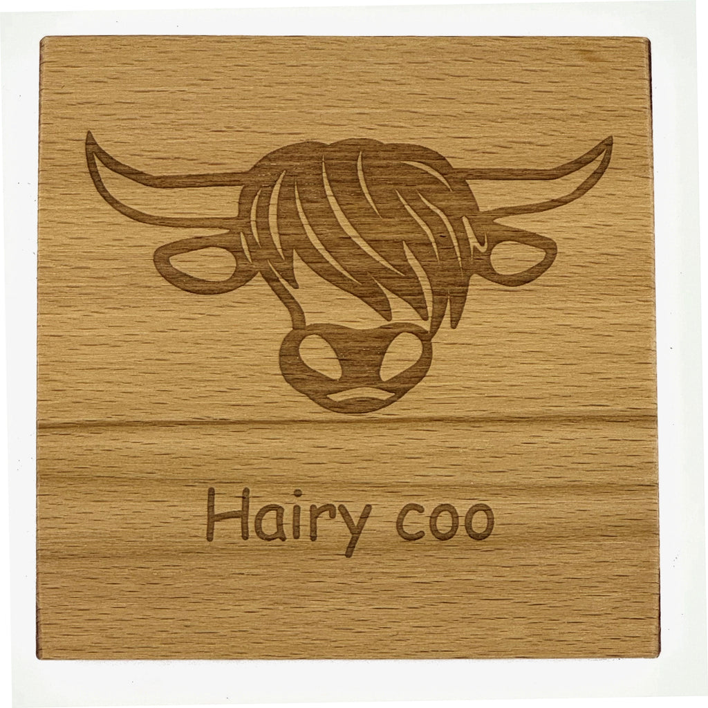 Wooden coaster gift - Scottish highland cow - hairy coo - varnished for protection