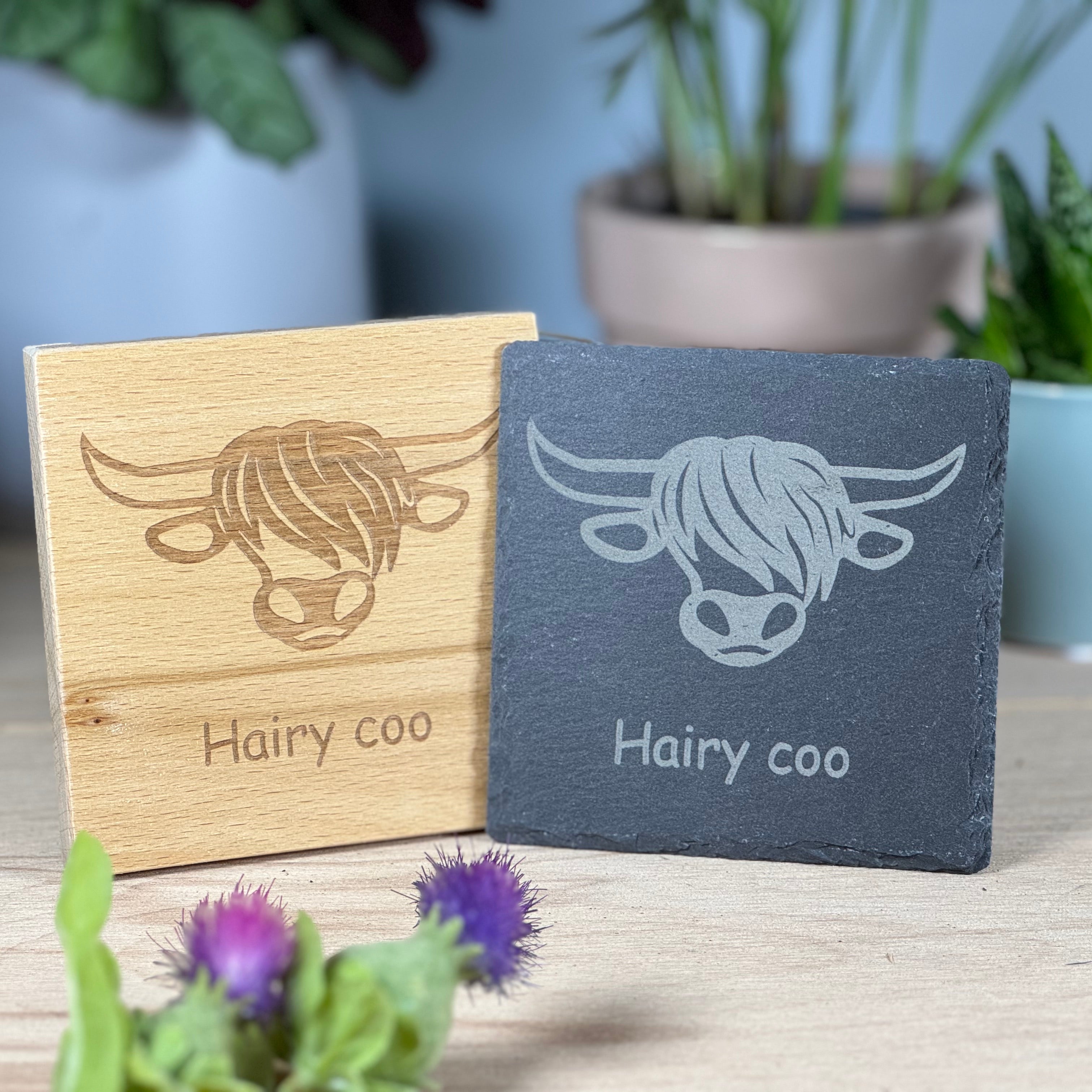 Wood or slate coaster gift - Scottish highland cow - hairy coo
