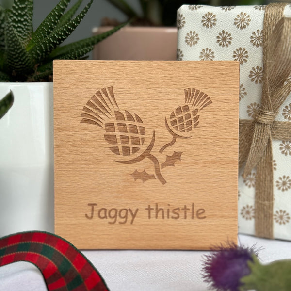 Wooden coaster gift - Scottish jaggy thistle