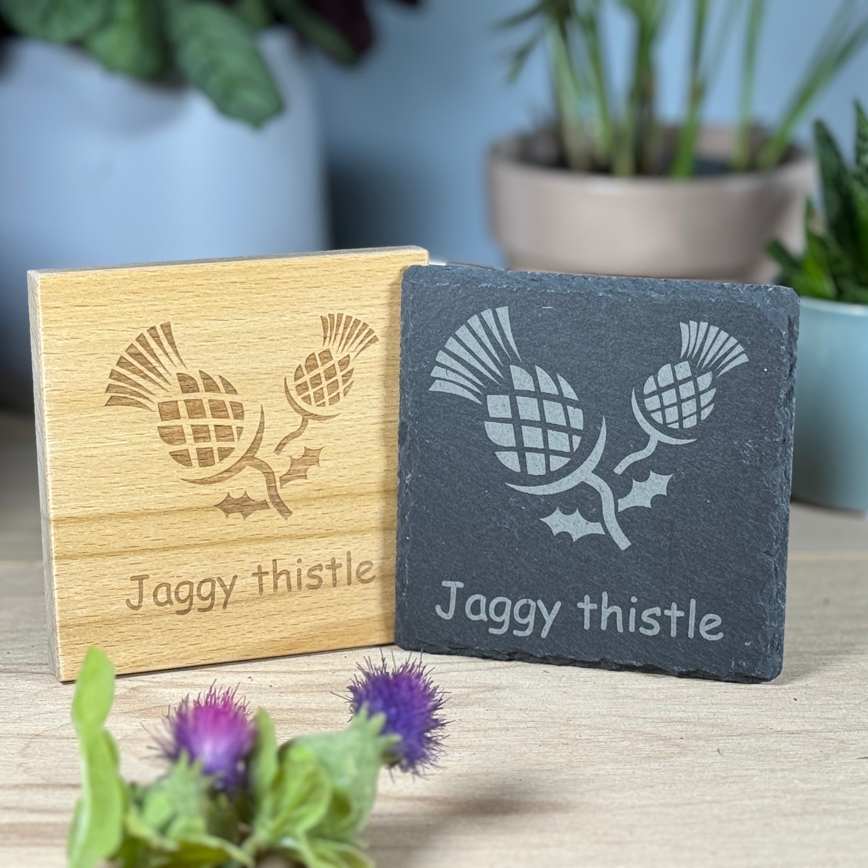 Wood and slate coaster gift - Scottish jaggy thistle