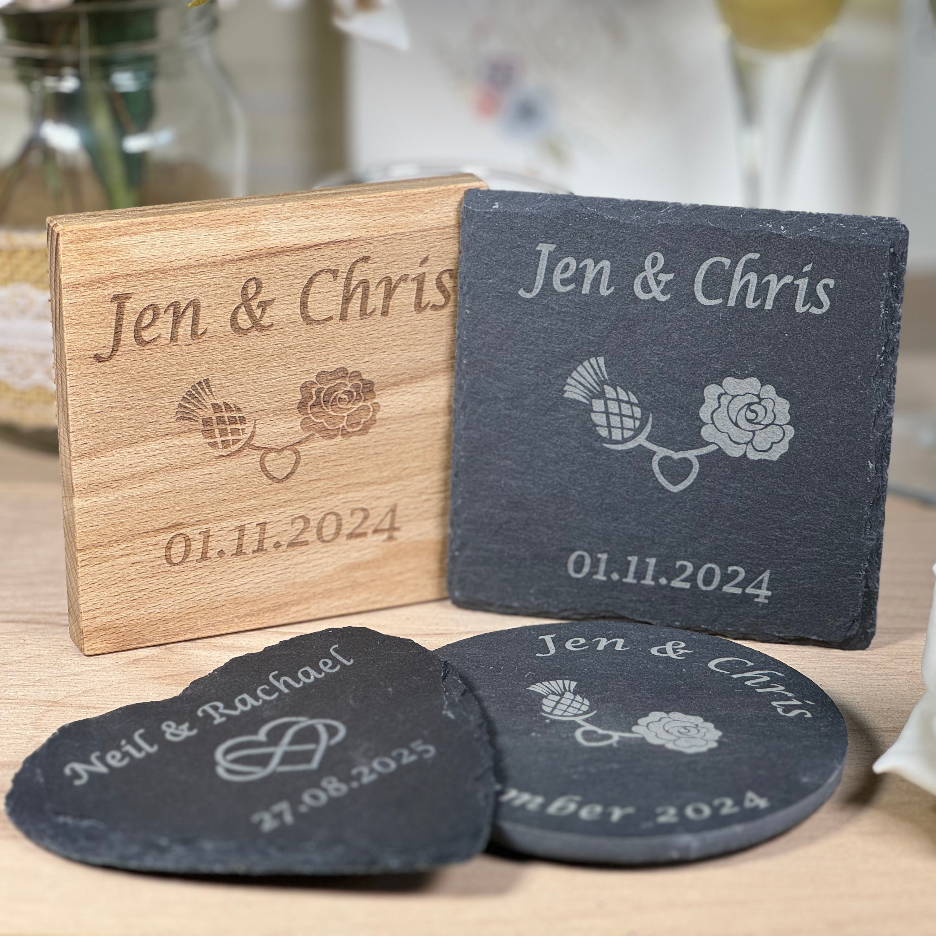 Personalized Wedding Coasters Custom Family Name Engraved Wood Coaster