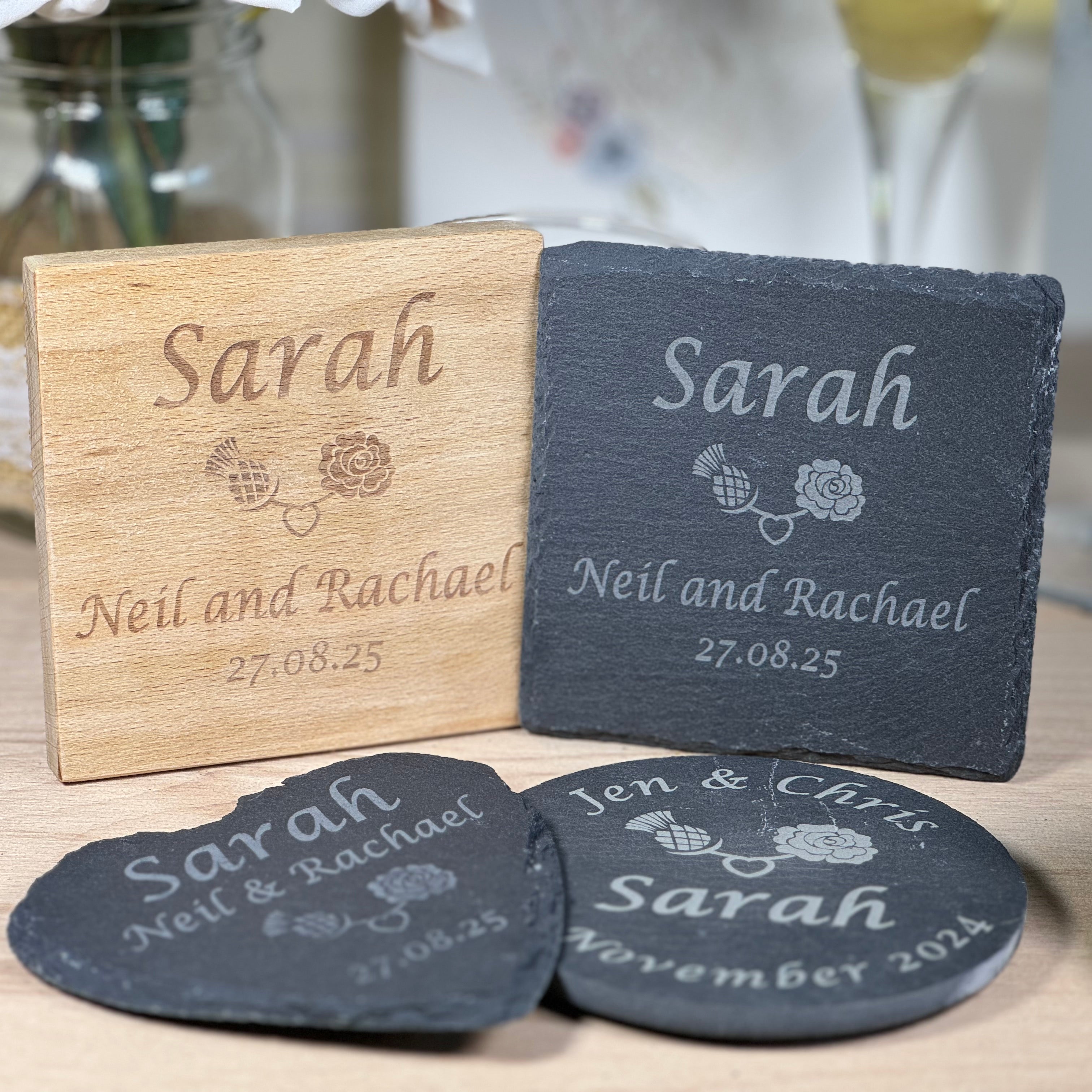 Personalised wedding coaster and place setting - wood and slate