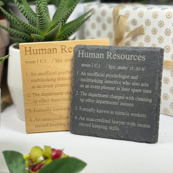 Wooden or slate coaster - occupation - human resources HR
