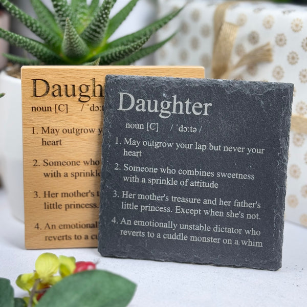 Wooden or slate coaster - definition - daughter