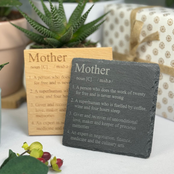 Wooden or slate coaster gift for mother - definition