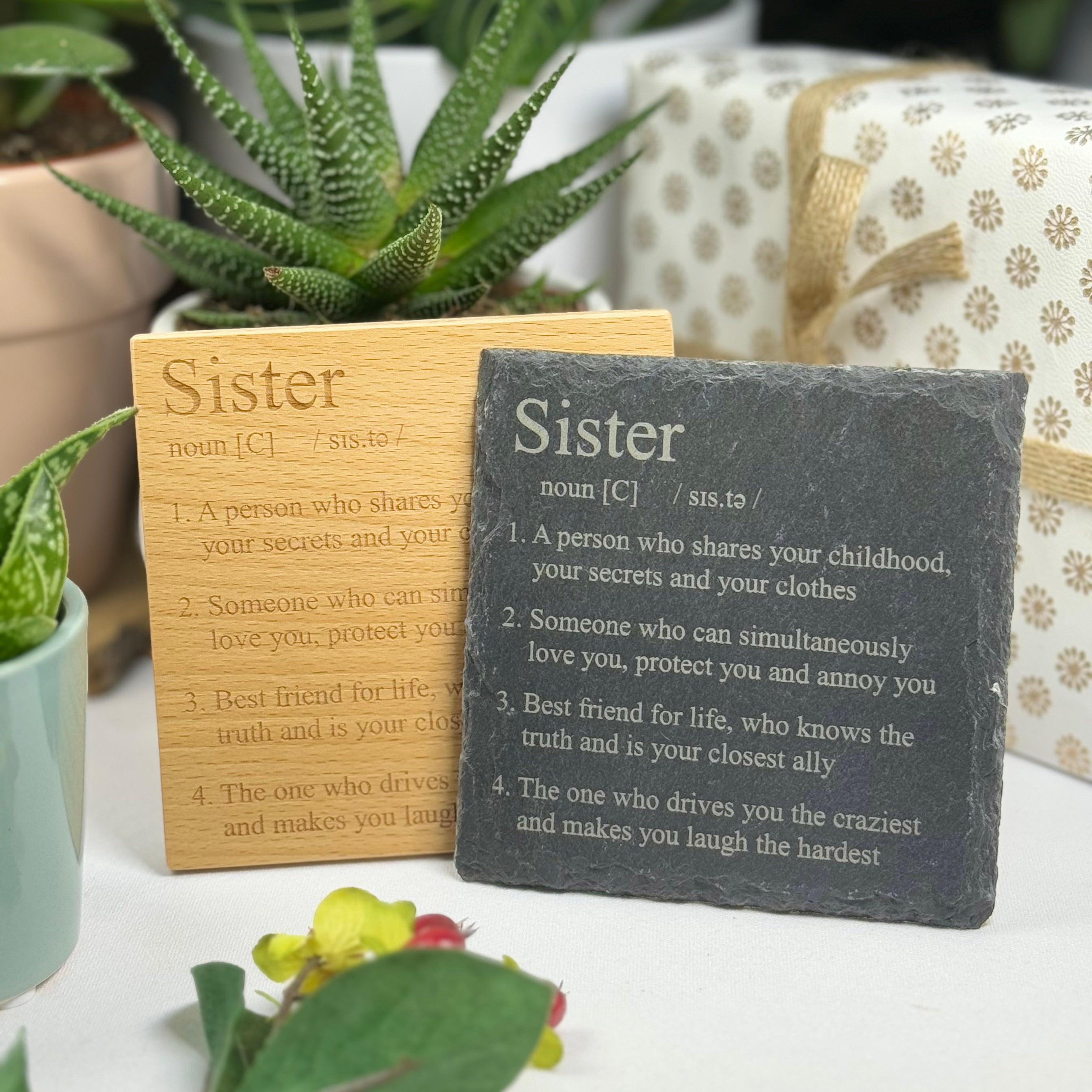 Wooden or slate coaster gift for sister - definition 
