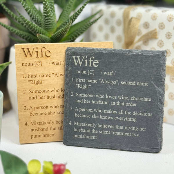 Wooden or slate coaster - family definitions - wedding - wife