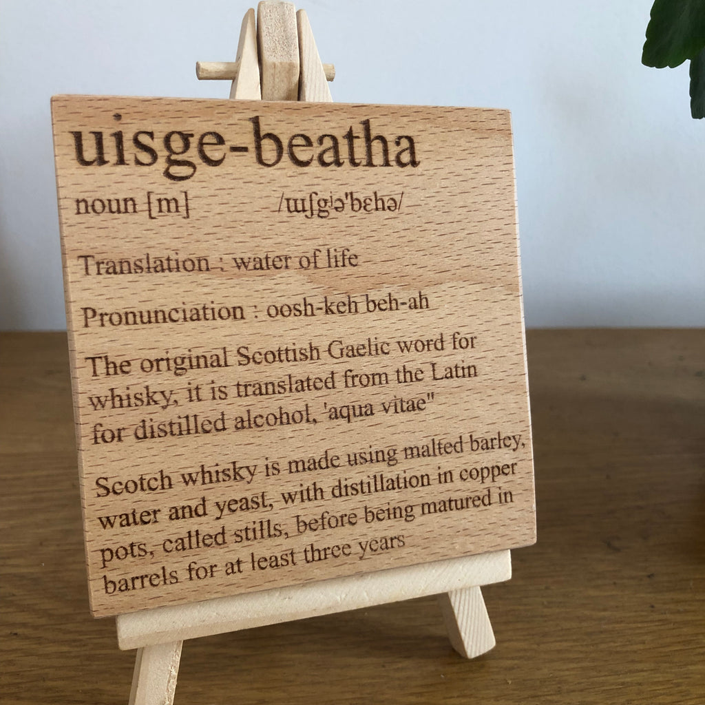 Wooden coaster - Gaelic - uisge beatha