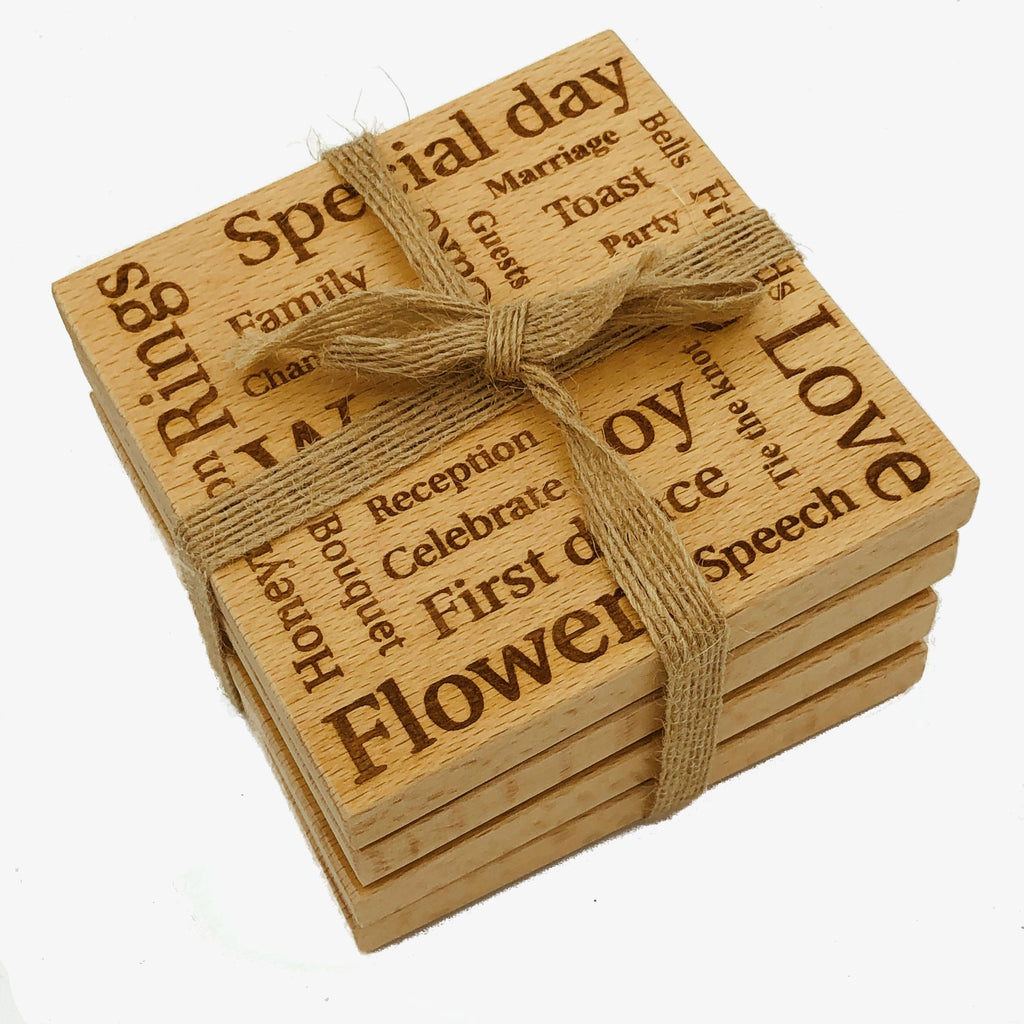Wooden wedding coaster - laser engraved with wedding-related words - set of 4
