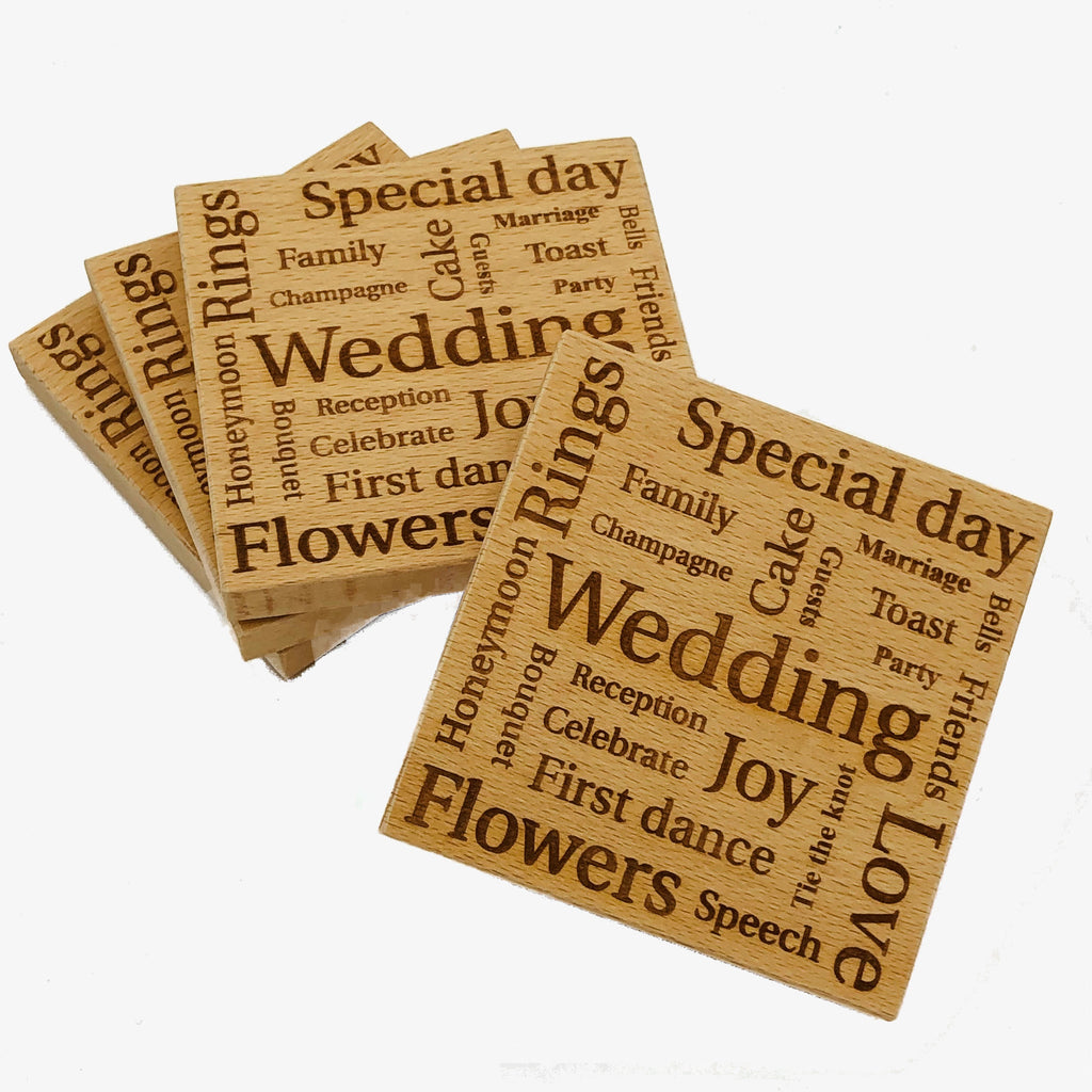 Wooden wedding coaster - laser engraved with wedding-related words - set of 4