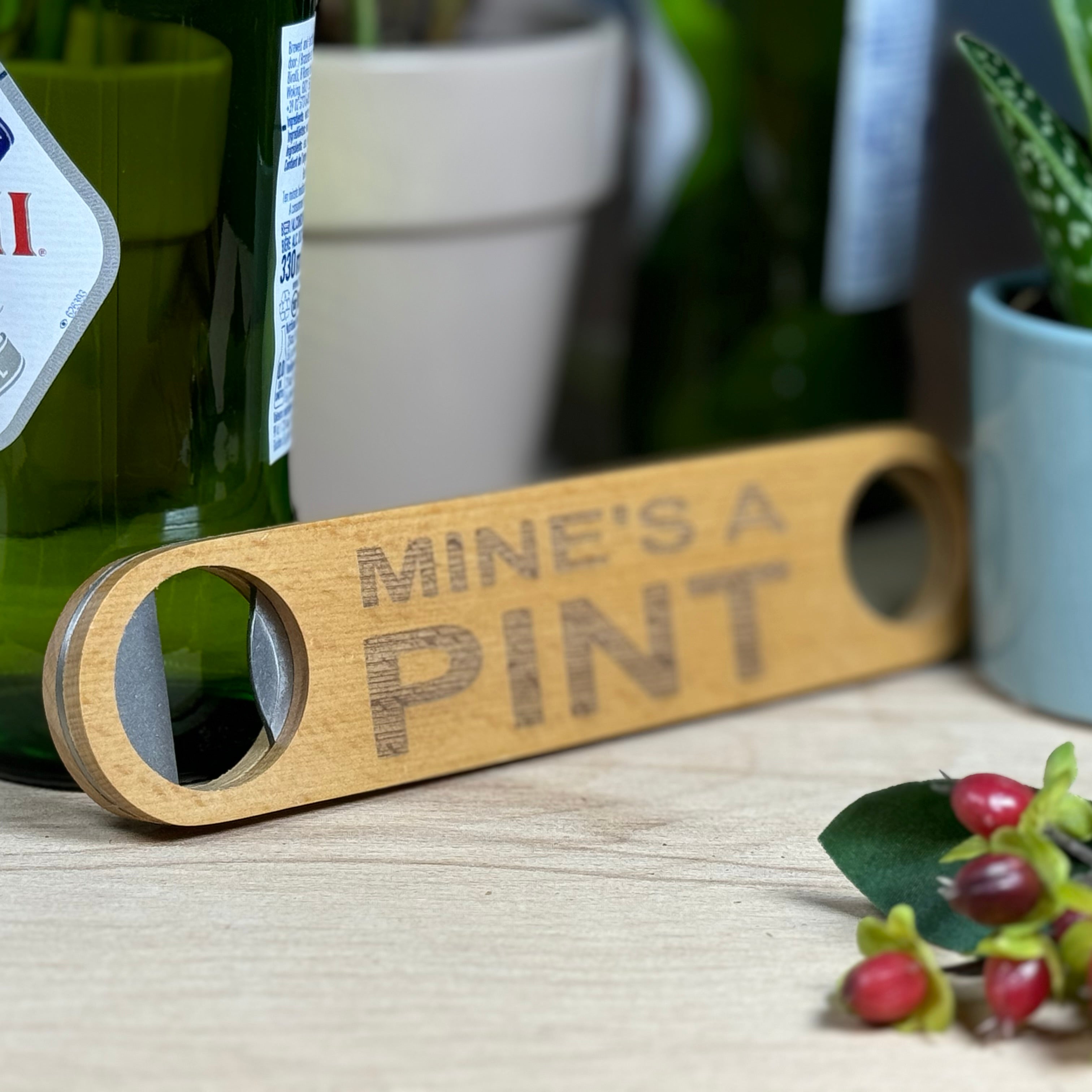 Wooden bottle opener gift - mine's a pint