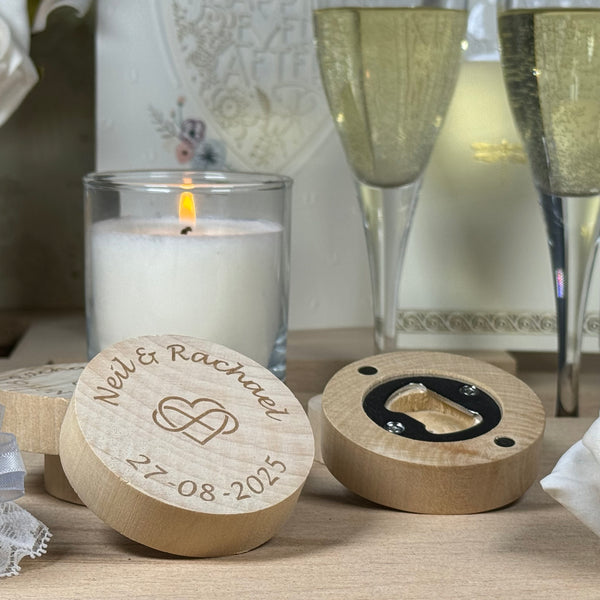 Wooden fridge magnet bottle opener laser engraved with the couple's name and wedding date, plus a heart/infinity symbol
