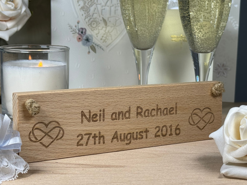 Personalised wedding plaque - names and date with heart infinity symbols