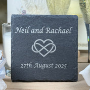 Personalised slate wedding coaster - names, date, heart/infinity decal