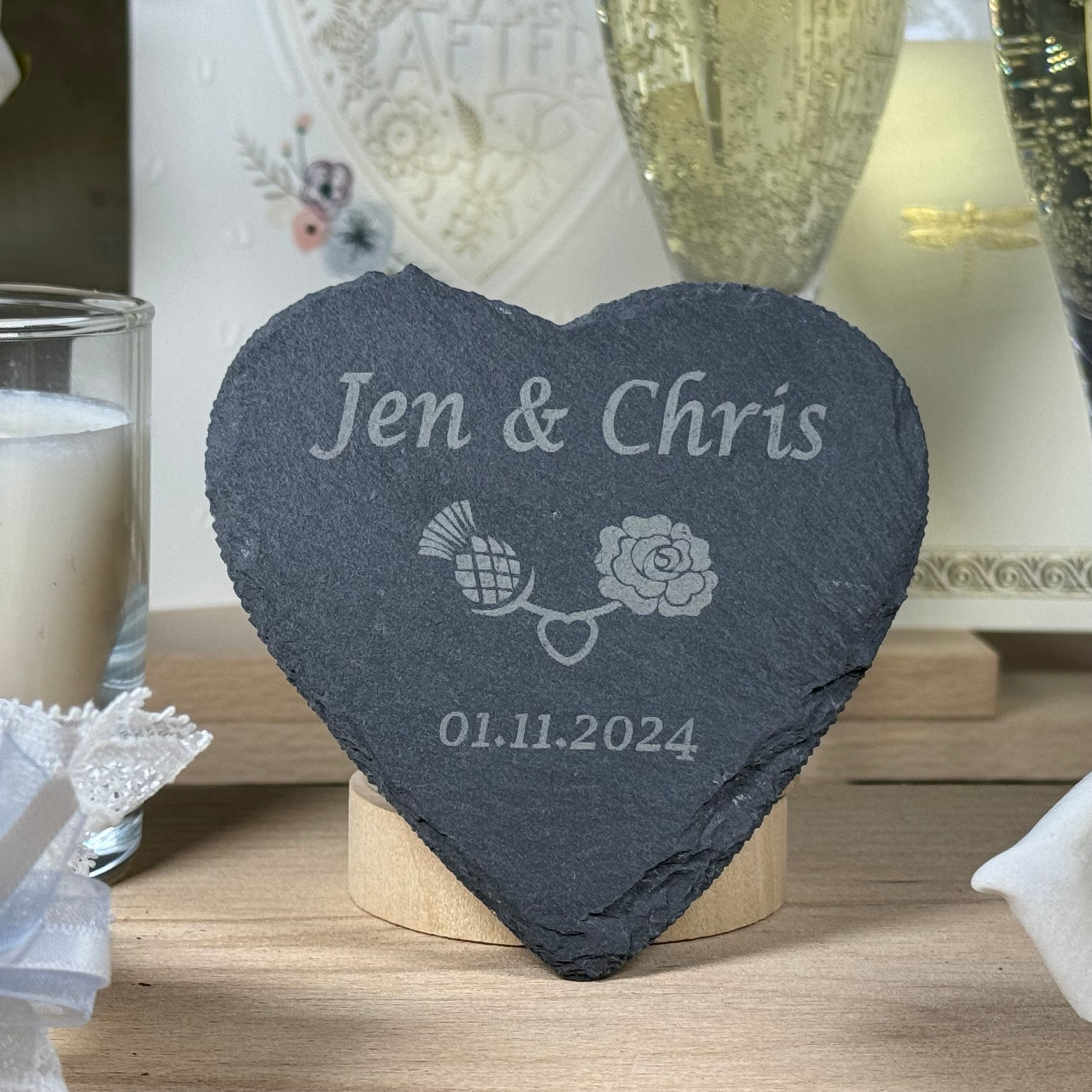 Personalised slate heart-shaped wedding coaster - names, date, thistle-rose decal