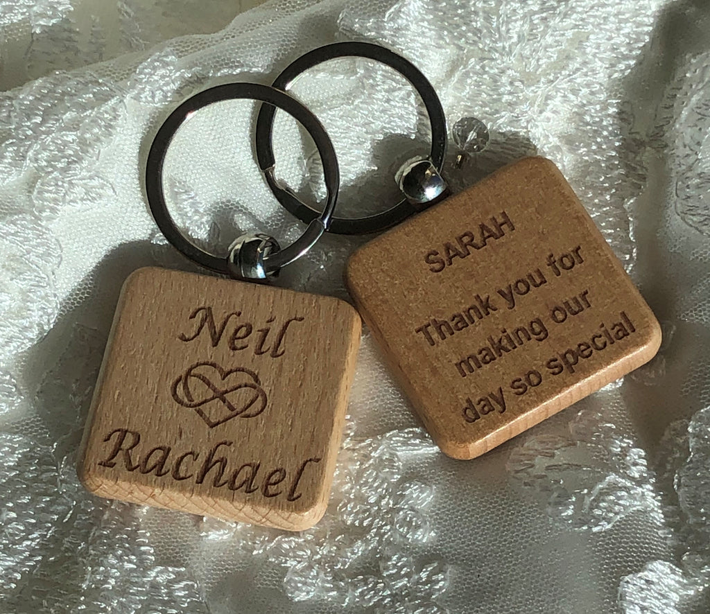 Personalised wedding keyring - favour - square - names and heart infinity motif, guest-specific thank you