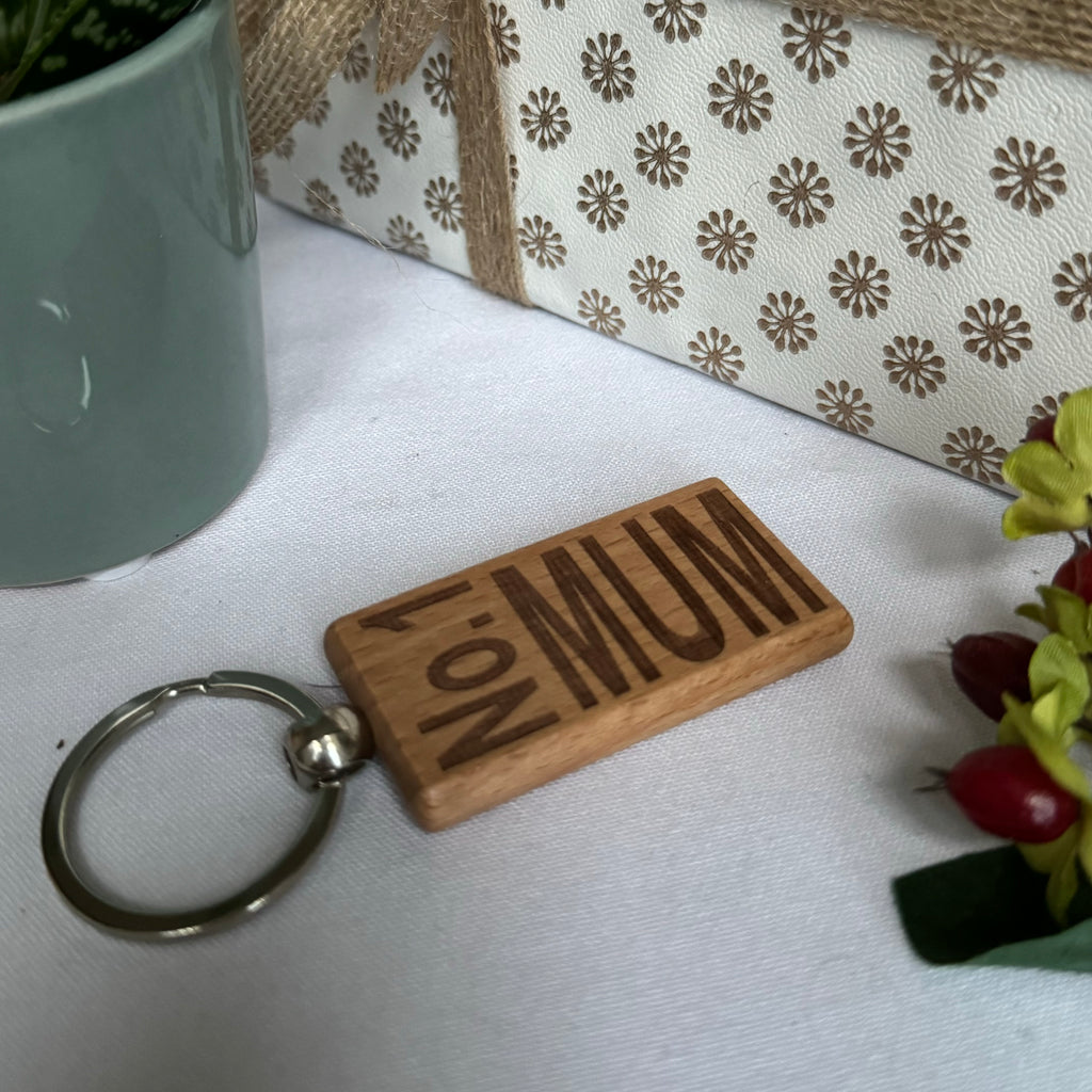 Wooden rectangular keyring gift for mother - laser engraved - No 1 Mum