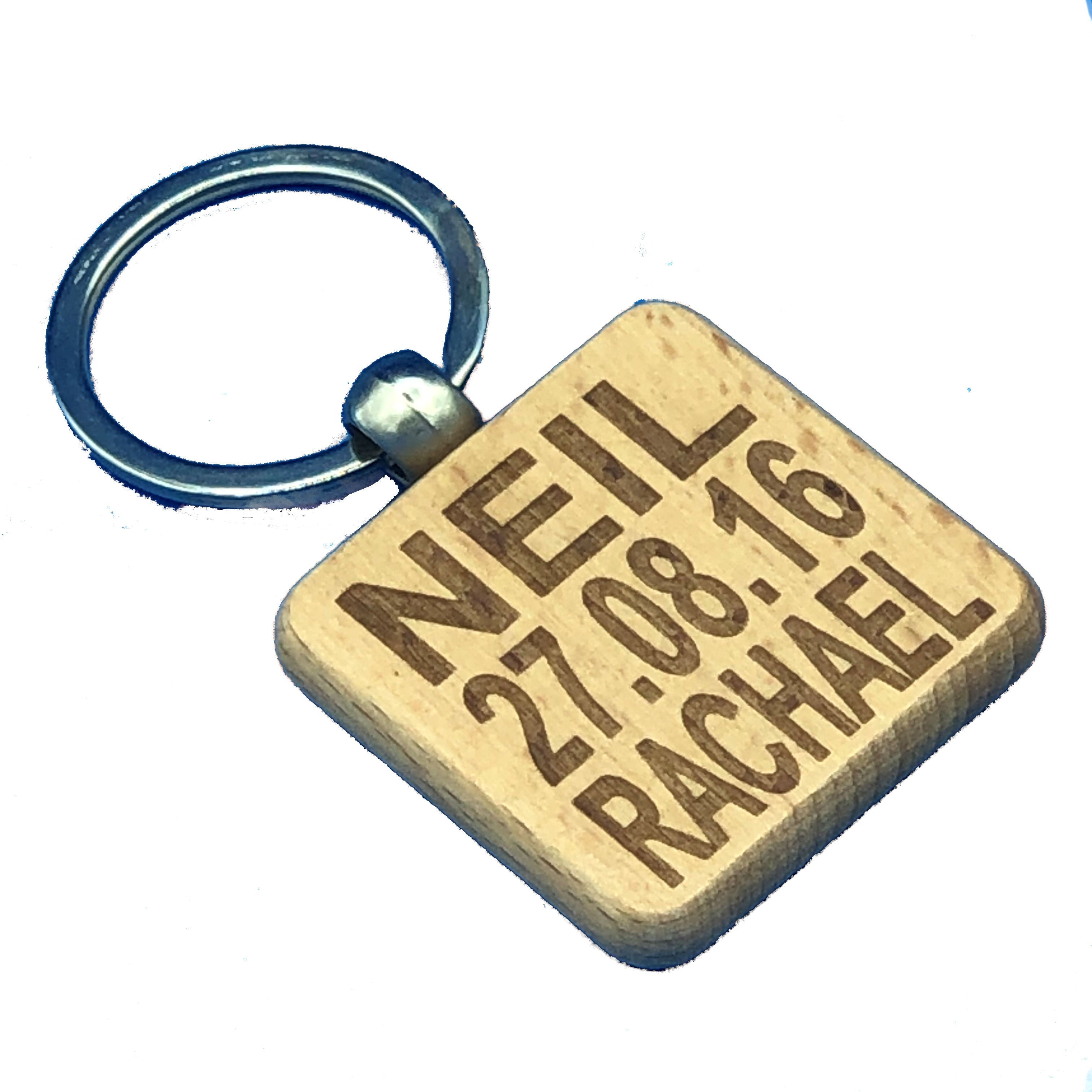 Personalised wedding keyring - favour - square - names and date