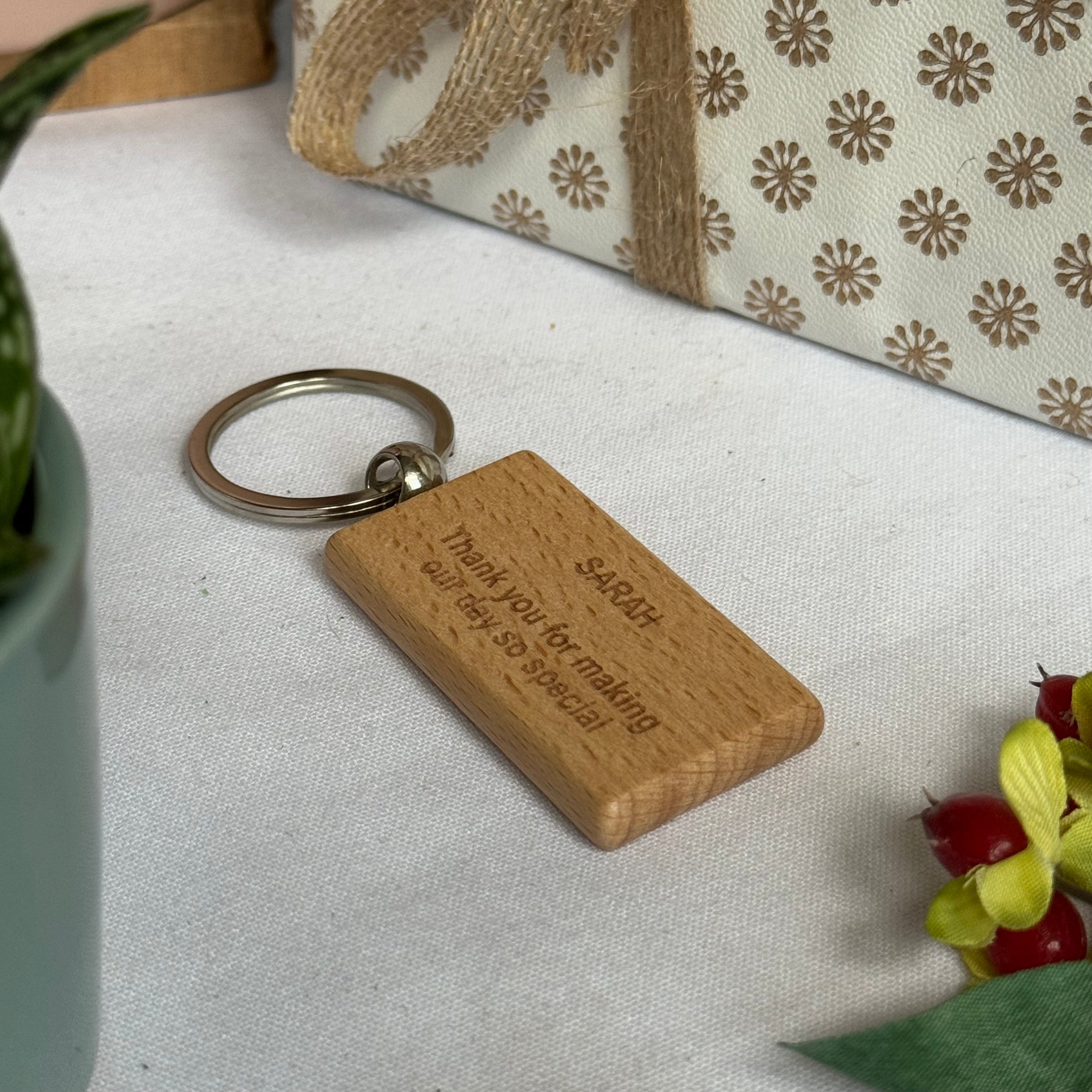 Personalised wooden keyring - square - wedding place setting