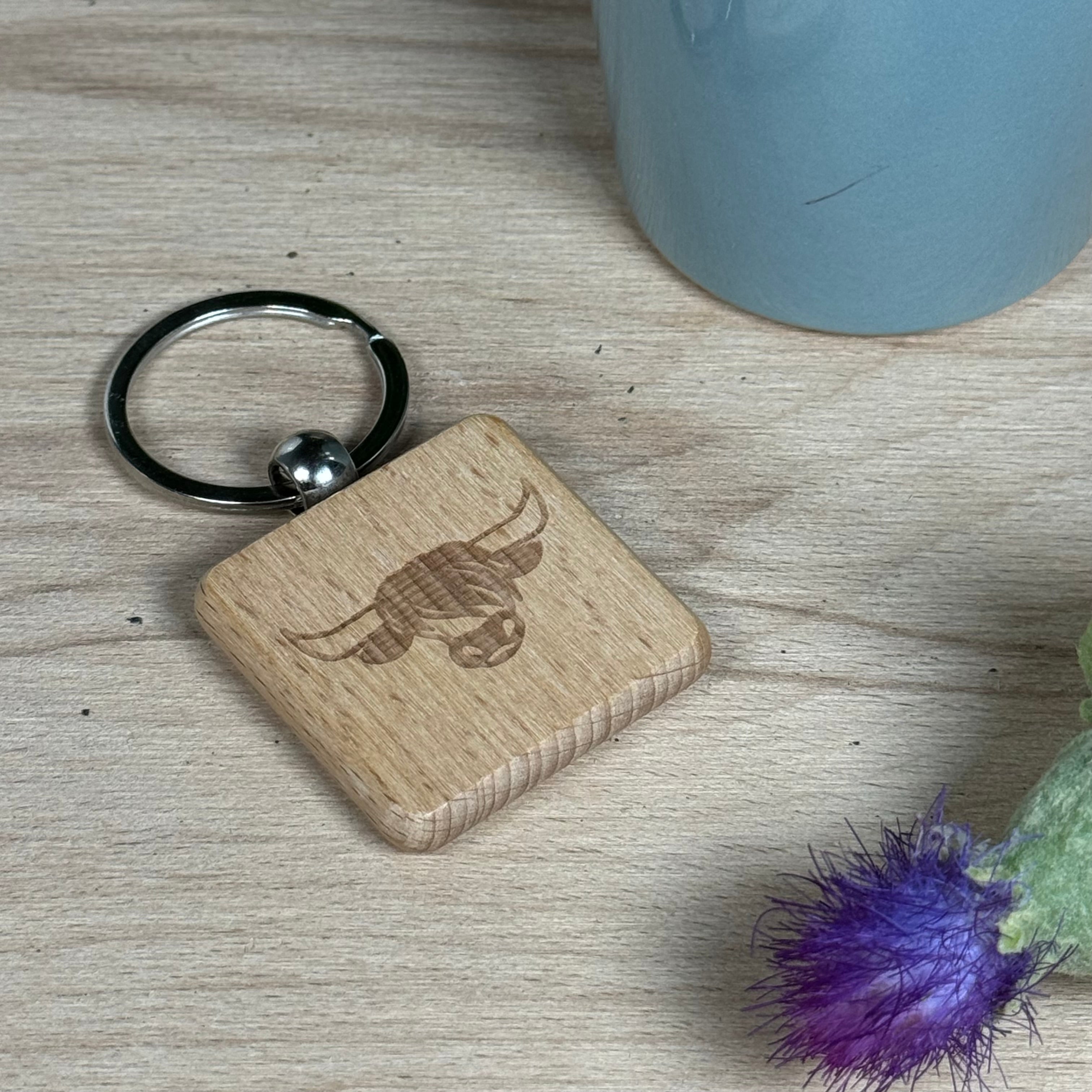 Wooden keyring - laser engraved - Scottish - hairy coo