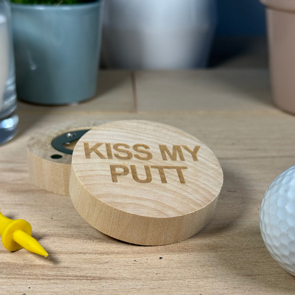 Fridge magnet / wooden bottle opener - golf - kiss my putt