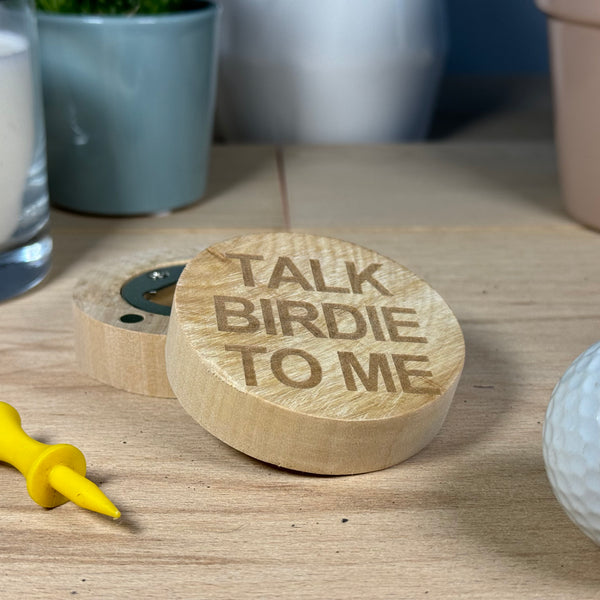 Fridge magnet / wooden bottle opener - golf - talk birdie to me