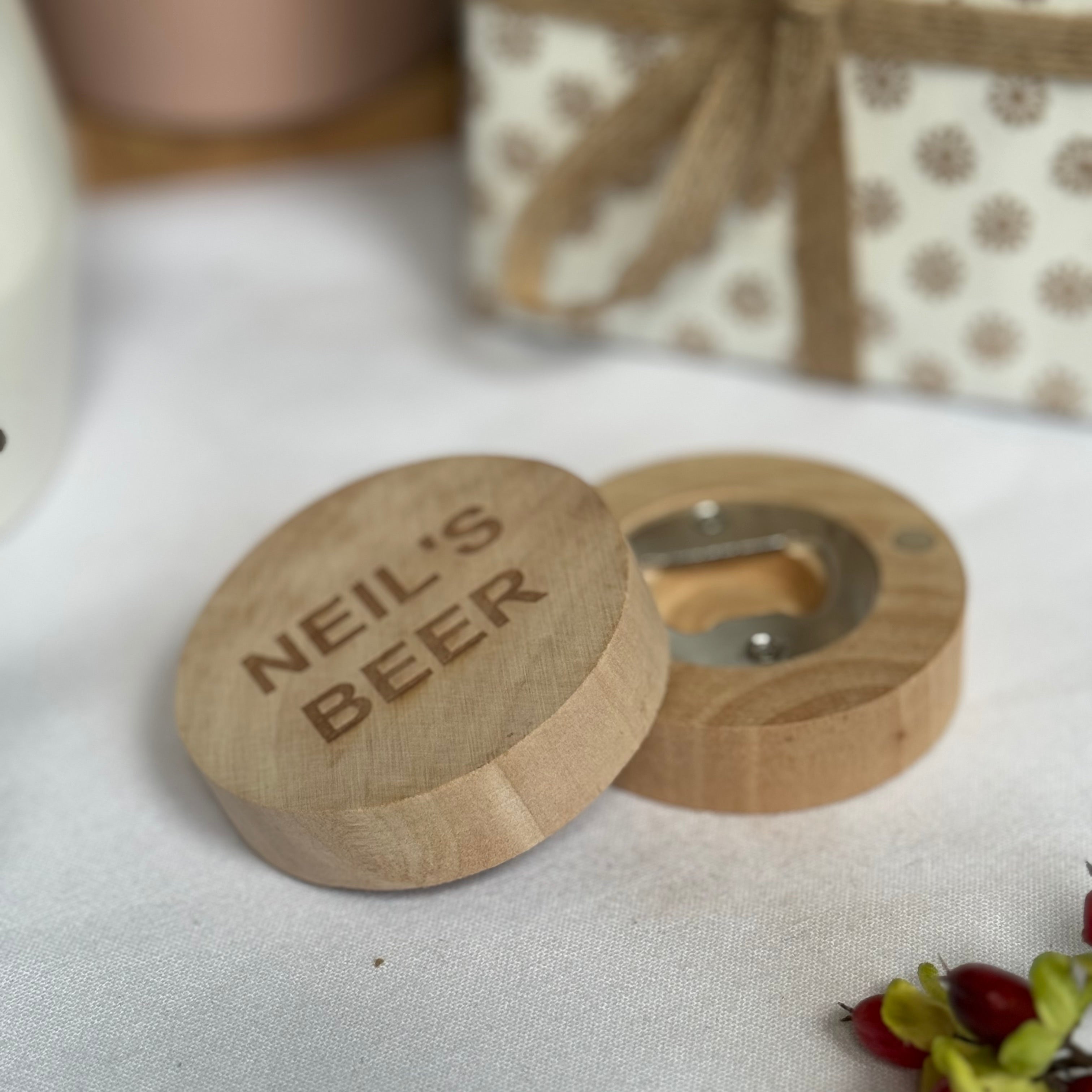 Wooden fridge magnet bottle opener gift - laser engraved with personalised design
