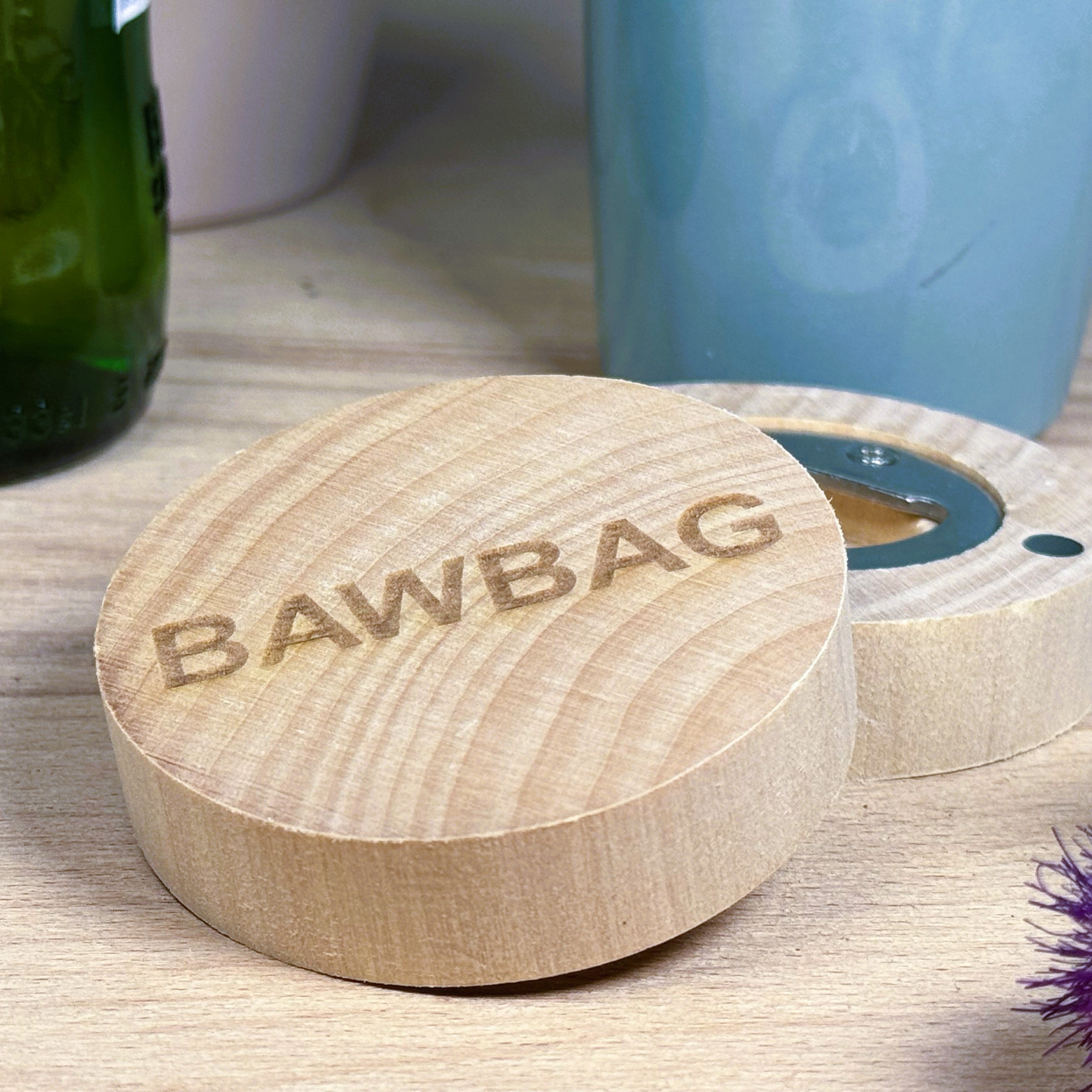 Wooden fridge magnet and bottle opener and - laser engraved with Scottish dialect bawbag