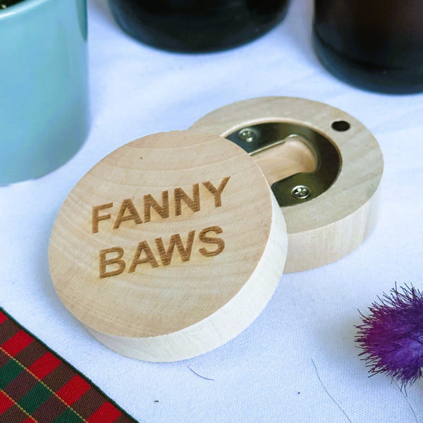 Wooden fridge magnet bottle opener laser engraved with fanny baws