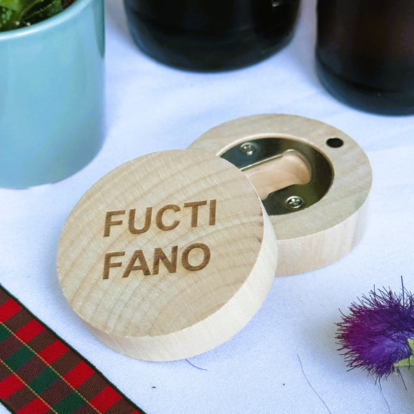 Wooden fridge magnet bottle opener laser engraved with fuctifano