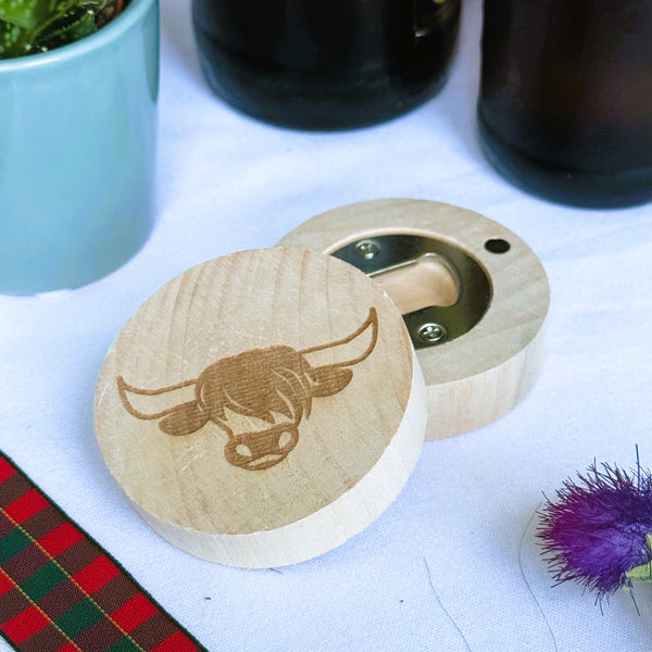 Wooden fridge magnet bottle opener - Scottish - highland cow hairy coo
