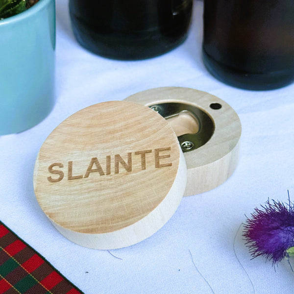 Wooden fridge magnet bottle opener laser engraved with Scottish dialect - slainte