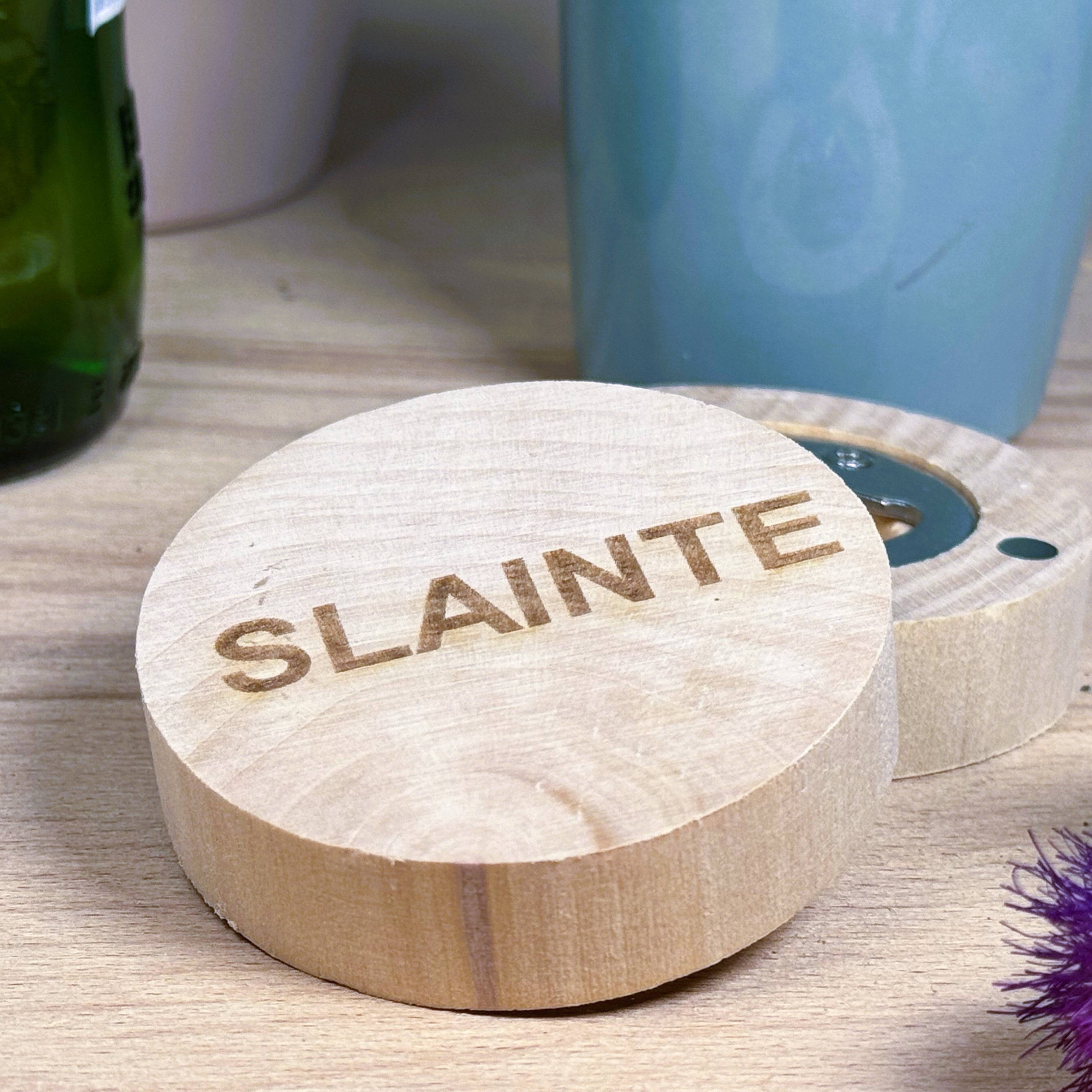 Wooden fridge magnet bottle opener laser engraved with Scottish dialect - slainte