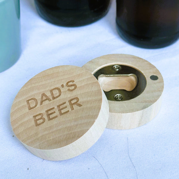Wooden fridge magnet / bottle opener laser engraved with Dad's beer