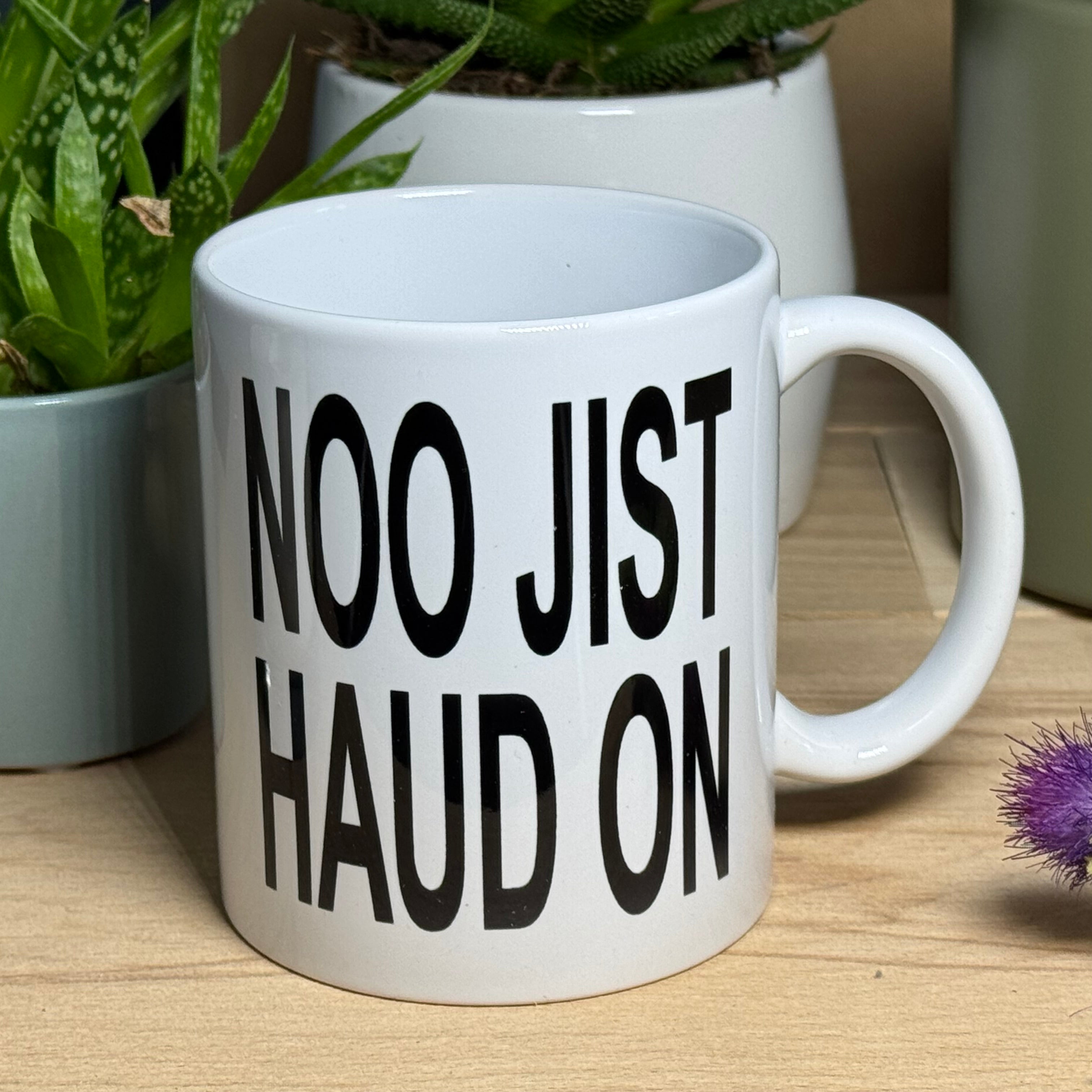 White ceramic mug - Scottish dialect - Noo jist haud on