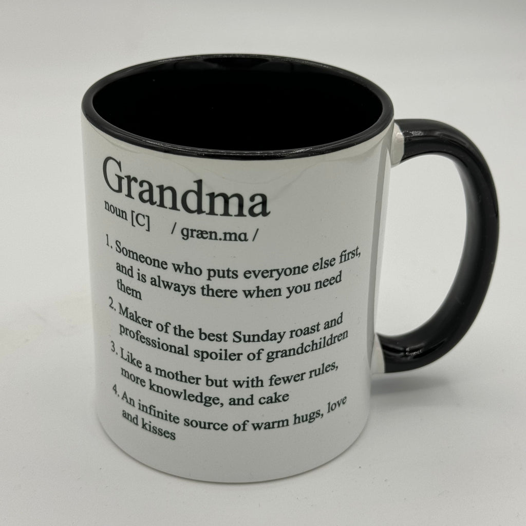 Ceramic mug gift for grandma - white with black interior and handle - grandma defiintion 
