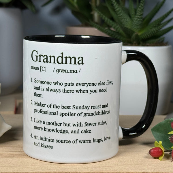 Ceramic mug gift for grandma - white with black interior and handle - grandma defiintion