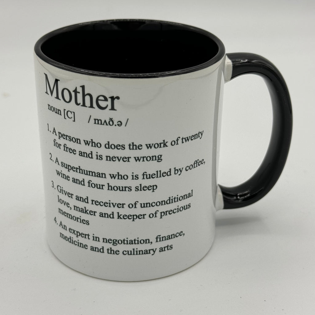 Ceramic mug gift for mother - white with black interior and handle - mother definition